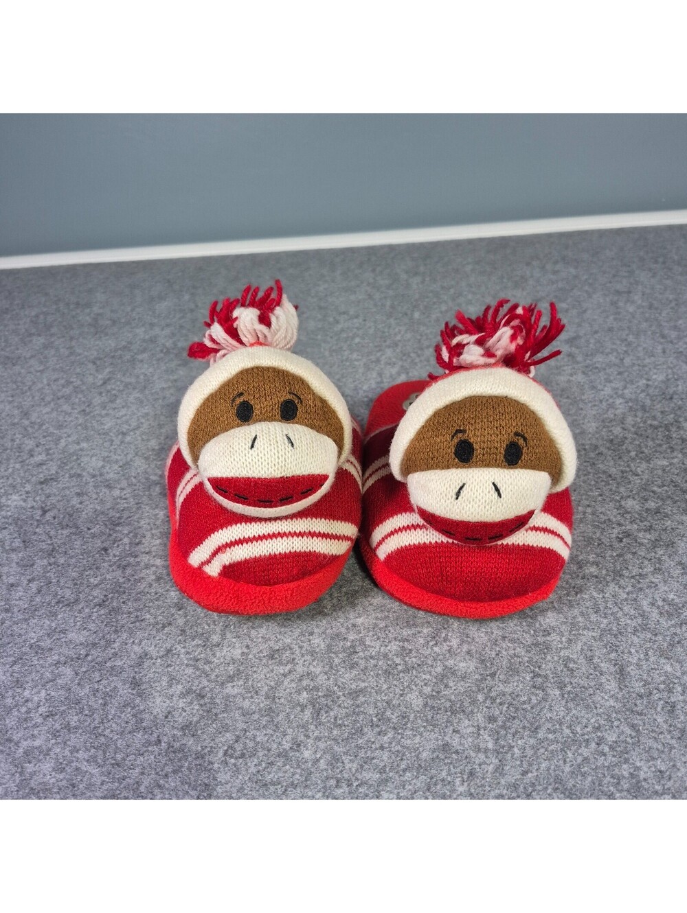 Dan Dee Red Stripped Sock Monkey Slippers 10"x5" (Women's Size8-9)  Soft Fun